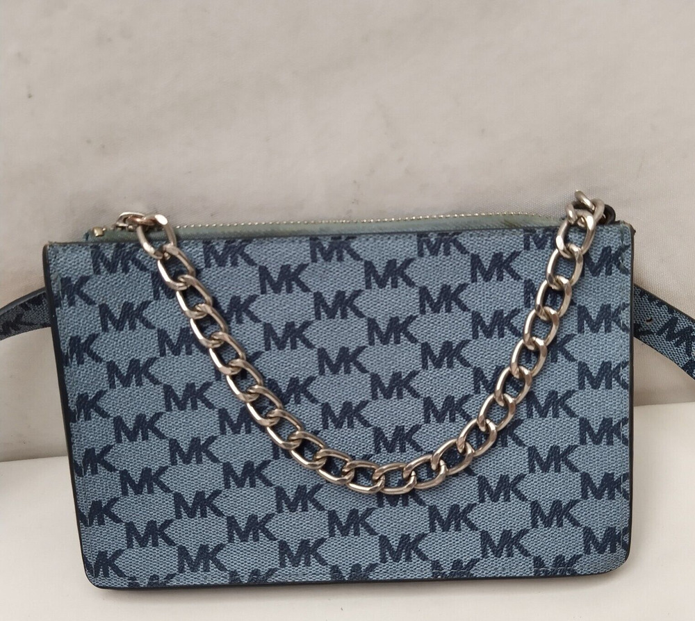 Michael Kors Blue Denim MK Logo Silver Chain Pull Women's Waist Pack Bell Bag
